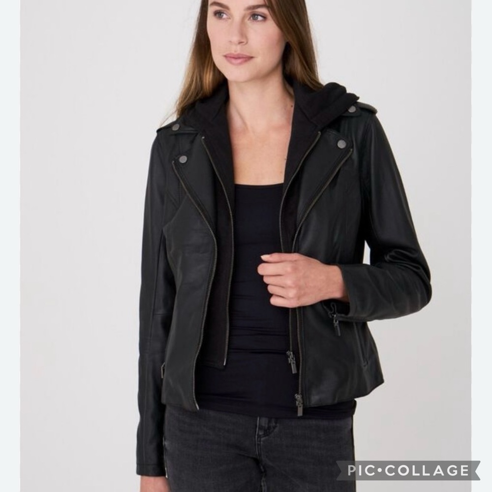 Silence + Noise Black Faux Leather Vegan Hooded Bomber Jacket M